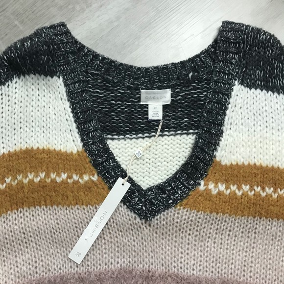 NWT Caslon V-Neck Mixed Texture Grey/Dusty Rose/Mustard/Cream 2XL - Picture 2 of 9